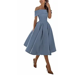Hochzeit Knielang Abendkleider,Einschultriger Dreiviertelrock aus Satin in A-Linie,Gray Blue,US6,Damen Cocktailkleid Abendkleider - US6
