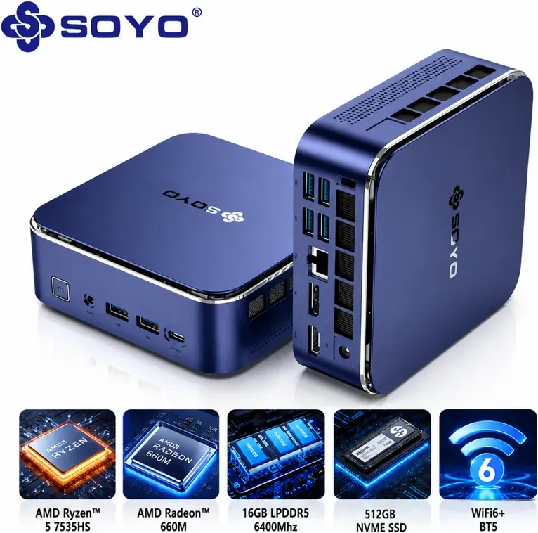 SOYO S5Air Mini-PC, AMD Ryzen 5 7535HS Mini-PC Windows 11 Pro (6 Kerne, 12 Threads, bis zu 4,55 GHz) 16 GB LPDDR5 512 GB NVMe SSD Mini-Computer | AMD Radeon 660M | Bluetooth 5.2 | Wi-Fi 6E | 8K