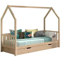 Vipack CABANE Hausbett 90x200 cm, seitlicher Umrandung, Bettschublade, Kiefer