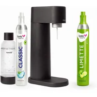 Sparpaket: Mysoda Woody - Wassersprudler aus erneuerbarem Holzkomposit mit 1L BPA-freier Plastikflasche, CO2-Zylinder Classic + CO2-Zylinder Limette (Schwarz)