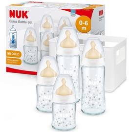 NUK First Choice+ Babyflaschen Starter Set aus Glas und Latex | 0–6 Monate | 4 Flaschen mit Temperature Control & Flaschenbox | Anti-Colic Air System | BPA-frei | 5-teilig