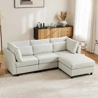 Laxnb 3 Sitzer Sofa, Modernes Dreiersofa mit Fußhocker, Bequeme Couch, L-förmiges Ecksofa, Wohnzimmersofa Polstermöbel, Stoffsofa geeignet für Wohnzimmer Büro, Baumwoll-und Leinenstoffe (Beige)