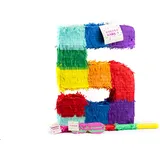 Trendario Zahl 5 Pinata Set, Pinjatta + Stab + Augenmaske, Ideal zum Befüllen mit Süßigkeiten und Geschenken - Piñata für Kindergeburtstag Spiel, Geschenkidee, Party, Hochzeit