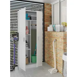 Dmora Mehrzweck-Schrank Charleston, Besenschrank mit 2 Türen, Schuhregal mit Regalen, Besenkammer, 73x37h180 cm, Weiß