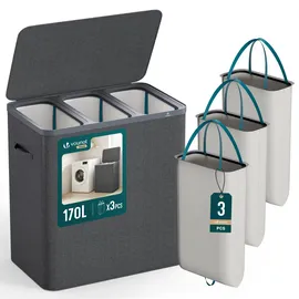 VOUNOT Vounot® Wäschekorb 3 Fächer 170L, Wäschesammler mit Deckel Anthrazit