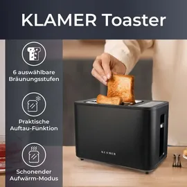 Klamer Toaster, Toaster mit Brötchenaufsatz, hochwertiger 2 Scheiben-Toaster, 6 Bräunungsgrade, Touch Display, mit Krümelschublade, Matt Schwarz