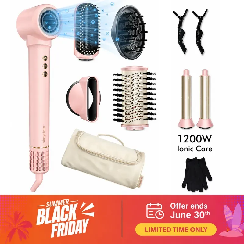 Okaydeer Air Styler mit Coanda-Effekt, 7-in-1 Hochgeschwindigkeits-Haartrockner & Automatischer Lockenstab, Ionen-Warmluftbürste für schnelles Trocknen und Stylen, Ohne extreme Hitzeschäden, Für alle Haartypen, inkl. Reiseetui, Pink, D1