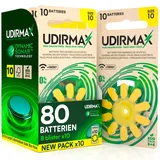80 Batterien für Hörgeräte Gelb Größe 10 Udirmax PR70 Zink-Luft Öko-Pack mit Dynamic Sonar Technologie - 8 umweltfreundliche Blisterpackungen mit 10 Hörgerätebatterien