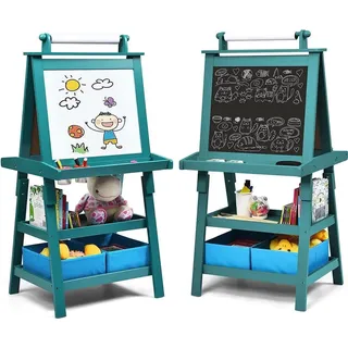 Costway 3 in 1 Kinder Staffelei, Kindertafel doppelseitig, mit 2 Regalebenen
