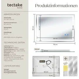 Tectake tectake® Rechteckiger LED Spiegel mit Touchschalter, 3 Lichtfarben Dimmbar,