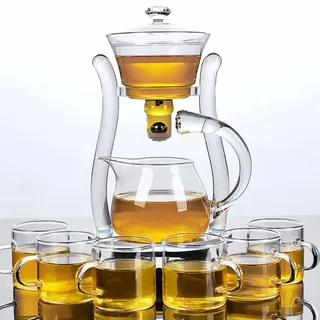 Mozeo Lazy Kungfu Halbautomatischer Teebereiter – Glas-Teekanne mit Saugnapf, automatisches Aufbrühen von Wasser – Büro-Blumen-Teeset (transparente Teekanne + 6 Tassen)