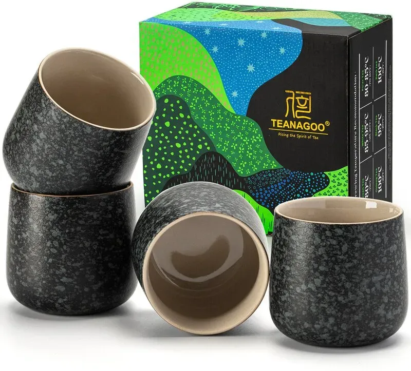 TEANAGOO Keramische Japanische Teetasse, 7.2 Unzen / 205 ml, Kohlegrau, H17, 4 Stück/Box, Asiatisches Teetassen-Set, Neujahrsangebot, Top-Geschenkempfehlungen