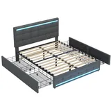 XDOVET Polsterbett(140*200)LED-Polsterbett mit 4 Schubladen+2 USB-Ladestationen,Bettrahmen mit LED-Kopfteil-Fußteil,gepolstertes Plattformbett mit Stauraum
