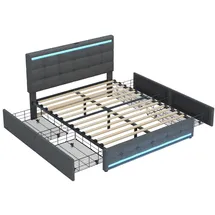 XDOVET Polsterbett(140*200)LED-Polsterbett mit 4 Schubladen+2 USB-Ladestationen,Bettrahmen mit LED-Kopfteil-Fußteil,gepolstertes Plattformbett mit Stauraum