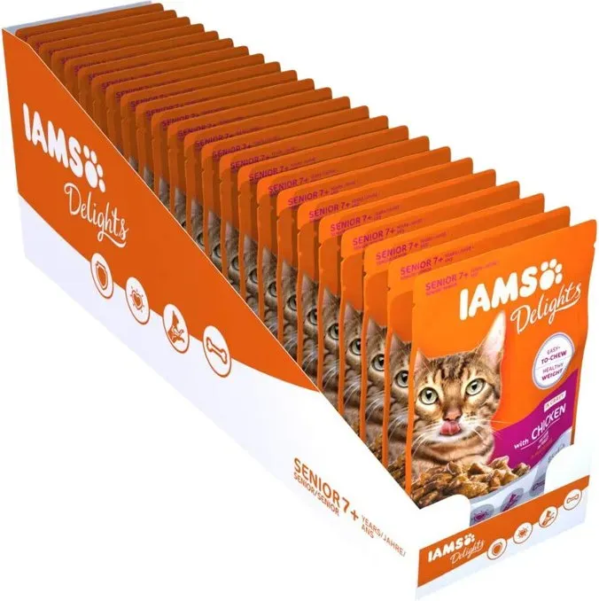 IAMS Delights Senior Nassfutter mit Huhn in Sauce, Katzenfutter für ältere Katzen ab 7 Jahre, 24 x 85 g, 2.04 kg