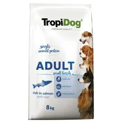 TropiDog Premium Adult SMALL BREEDS – Rich in SALMON, with RICE 2x8kg