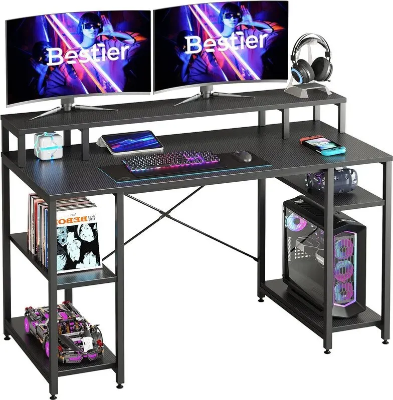 Bestier Großer Schreibtisch, Computertisch, PC-Tisch, Bürotisch, Gaming-Tisch mit 4 Regalen und Monitorablage, Gaming-Schreibtisch für Büro, Wohnzimmer, Industriedesign, 140 cm, Schwarze Carbonfaser