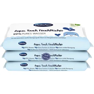 Bübchen Aqua Touch Feuchttücher, Pflegetücher für Neugeborene und Babys, mit 99% purem Wasser, (3 x 48 Stück)