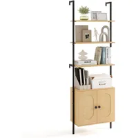 FANTASK 3-stufiges wandmontierte Bücherregal, 60 x 30 x 184 cm, Leiter Bücherregal mit Rattan-Schrank, Leiterregal Wandmontage mit Metallrahmen & Verstellbarer Regale für Wohnzimmer, Büro