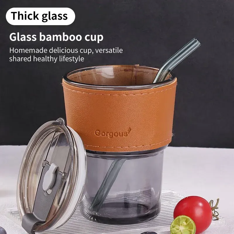 BJ Glas-Wasserbecher mit Strohhalm – tragbarer Kaffeebecher, hitzebeständig, rauchgrau, 400 ml, Einzelpack