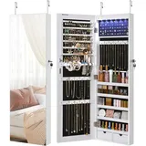 SONGMICS Schmuckschrank mit langem Spiegel, Schmuckaufbewahrung mit 6 LED-Lampen, zum Aufhängen an der Tür oder zur Befestigung an der Wand, großes Fassungsvermögen, 2 Schubladen, Weiß JJC99WT