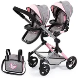 Bayer Design 26233AA Puppenwagen, Zwillingspuppenwagen, Geschwisterwagen, höhenverstellbar, zusammenklappbar, kompatibel mit EasyGo Puppenautositz, grau, rosa in Jeans Look, 46 cm