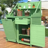 DRIXNO Holz Gartenschrank,Gartenschrank mit Regalen Outdoor Schrank, Gartenschrank Geräteschuppen Terrassenschrank, Balkonschrank, Gerätehaus, Garten Möbel,Grün