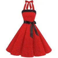 Timormode Damen Vintage Cocktailkleid Knielang Neckholder Swing Retro Rockabilly Kleid S Klein Rot Weiß - S