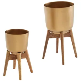 KADIMA DESIGN Alu-und-Holz Pflanzenkübel Set 31 x 31 x 51 cm Gold/Braun