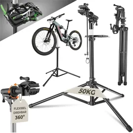 Tectake Fahrradmontageständer klappbar Belastbarkeit 50 kg lackschonend mit Vorderrad-Stabilisator und Werkzeugablage