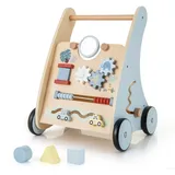 DREAMADE Lauflernwagen Holz, Baby Lauflernhilfe mit Spiegel & Spielzeug, Gehfrei Baby Holzspielzeug für Jungen & Mädchen (Modell 7-Blau)