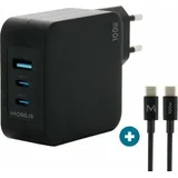 Mobilis Charger 100W 2USB C 1USBA GaN cable 100W (100 W), USB Ladegerät, Schwarz