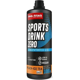 Body Attack Zero Sports Drink, Peach Ice Tea/Pfirsich Eistee, 1x 1000 ml / 200 Portionen, Sportgetränkekonzentrat, zucker- und fettarm, vegan, Made in Germany