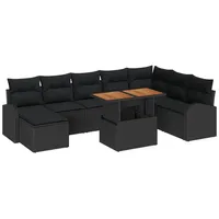 VidaXL 9-teiliges Garten Esstischset mit Kissen Schwarz Poly Rattan