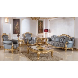 Casa Padrino Luxus Barock Wohnzimmer Set Blau / Gold - 2 Barock Sofas & 2 Barock Sessel & 1 Barock Couchtisch - Luxus Wohnzimmer Möbel im Barockstil - Barock Möbel - Barock Einrichtung