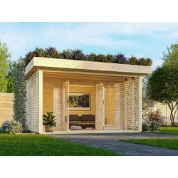 Gartenhaus KARIBU "Lettinsee", beige (naturbelassen), Fußboden im Gartenhaus, Dachfolie, Holz, Gartenhäuser, 38mm, inkl. Dachbegrünung mit wasserabweisender Profilierung