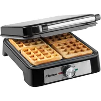 Bestron Waffeleisen für Belgische Waffeln, Belgisches Waffeleisen für 4 Waffeln, Größe 10x10cm, Dicke: 1.5cm, stufenloses Thermostat & Backampel, geeignet für Familien oder Ostern, Farbe: Silber