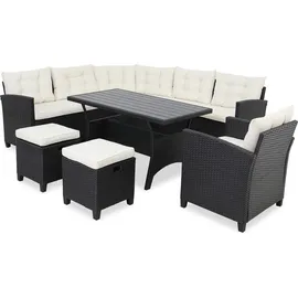 CASARIA Polyrattan Ecklounge Set WPC Esstisch Ecksofa Sessel 2 Hocker inkl. Sitzauflagen Kissen Wetterfest Outdoor Lounge Garten Terrasse Balkon