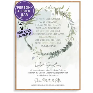 FEENSTAUB Patenbrief personalisierter Taufbrief Kranz, Patenbrief für Patenkind, Patenbrief für Paten,Taufgeschenk, personalisierbare Taufurkunde, Patenurkunde, Geschenk für Taufpaten
