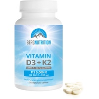 Berg Nutrition Vitamin D3 5.000 I.E + 200 μg K2 99+% ALL-Trans, 365 vegetarische Tabletten hochdosiert u. teilbar, Premium Vitamin D Tabletten, Vitamin D 3 und Vitamin K 2