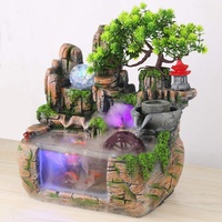 Zimmerbrunnen mit LED-Beleuchtung, Tischbrunnen, Wasserfall, dekorativer Brunnen, LED-Wasserfall, leiser Mini-Innensimulationsharz Steingarten Wasserbrunnen Bonsai mit Zerstäuber und Pool für Fische