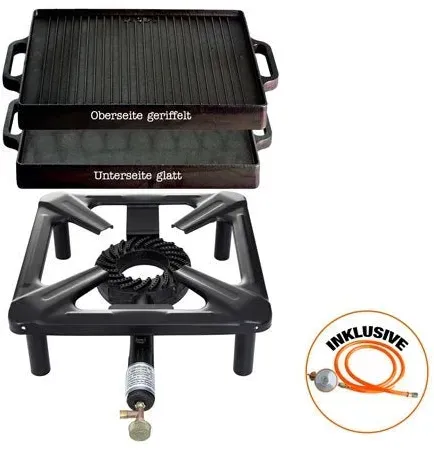 Paella World Hockerkocher-Set (klein) mit Gusseisengrillplatte 32 x 32 cm inkl. Gasschlauch & Regler