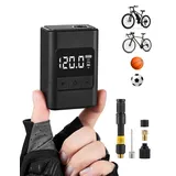 Tekoo Akku-Luftpumpe Elektrische Fahrradpumpe Akku 120 PSI Mini Kompressor USB-C (Set, Mit Zubehör), Ultra-kompakt (160g), bürstenloser Motor, digitaler Reifendruckprüfer schwarz