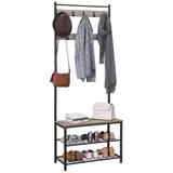 VASAGLE Garderobenständer, Kleiderständer mit Schuhablagen, Schuhregal mit Sitzfläche, für Flur, mit Haken, aus Metall, Höhe 177 cm, Greige-schwarz HSR41MB