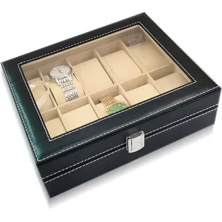 Retoo Uhrenbox, 10 Fächern, Glasabdeckung, Uhre, Herausnehmbaren, Größe, 25,4x7,8x20,2cm Uhrenpolstern, Gehäuse, Samtfutter, Herren, Organizer, Schwarz