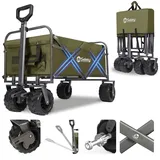 Sekey Bollerwagen Faltbar 200KG, Faltbarer Bollerwagen PU Breite Reifen 17x10 cm, Faltbollerwagen Transportwagen Alle Gelände mit Teleskopstange Bremsen, Klassisch 3017, Olivgrün