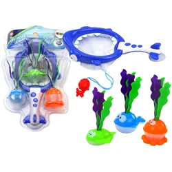 LEAN Toys Badespielzeug Badespielzeug Siebkorb 2in1 Haifisch Algen Wasser Angeln Meerestiere blau