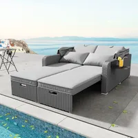 Flieks Gartensofa für 2 Personen, Polyrattan Gartenmöbel Set mit Sonnendach und Kissen, Gartenlounge Set Sofa Outdoor, Balkonmöbel Terrassenmöb... - Grau
