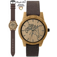 Pacific Time Quarzuhr Damenuhr analog Pferd Holz Canvas Armband, Gratis Versand