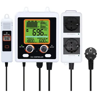 CO2-Controller mit zwei Steckdosen für den Grow Room, Zwei Smart-Steckdosen steuern automatisch CO2-Regler und Ventilatoren, NDIR-Sensor CO2-Monitor und Controller mit großem Display für CO2-Diagramm